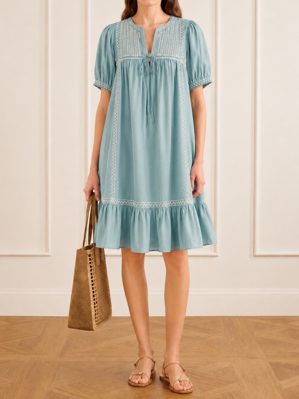 Blue Embroidered Peasant Dress with Ruffle Hem (0053)